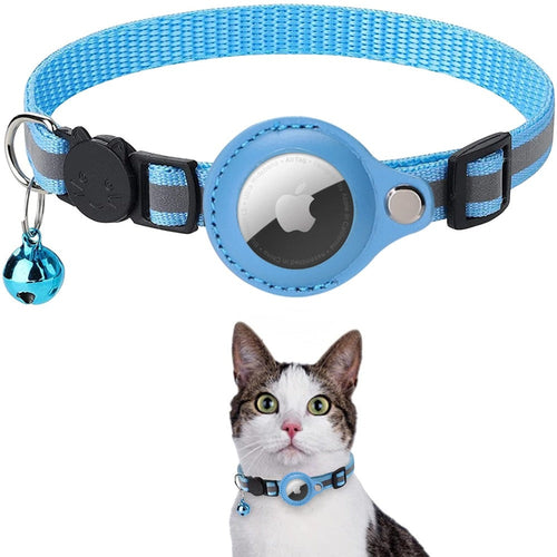 Blue Reflective AirTag Pet Collar with a bell and Apple logo, worn by a cat.