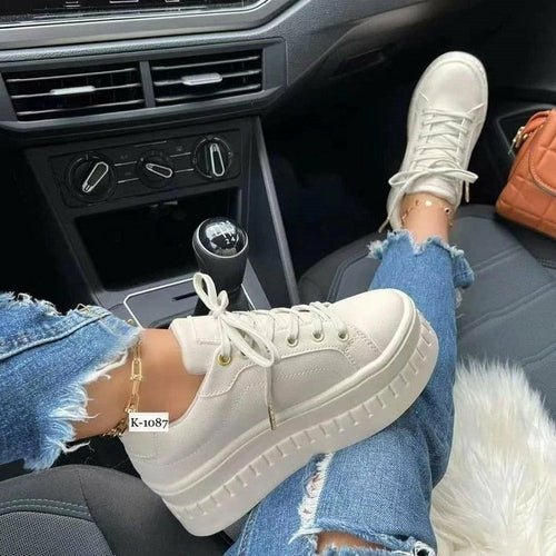 Casual Platform Flat Sneakers for Women in white color