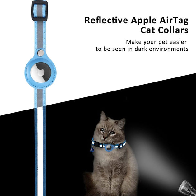Reflective Reflective AirTag Pet Collar with a cat wearing it, set against a black and white background.