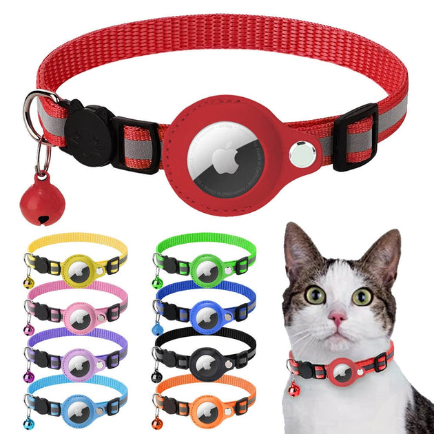 Reflective AirTag Pet Collar with various color options displayed, featuring a bell and reflective material.