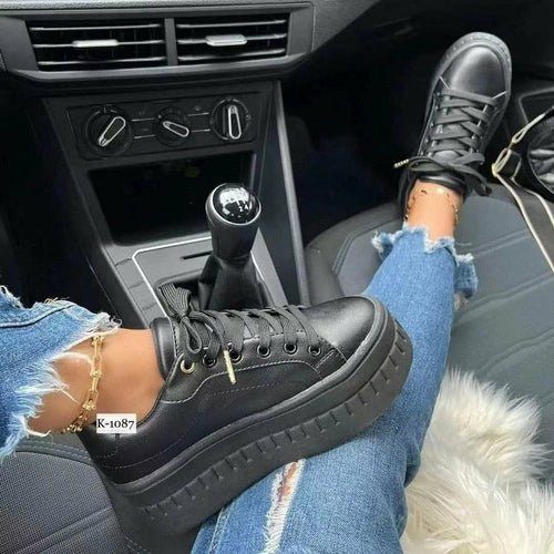Casual Platform Flat Sneakers for Women in black color