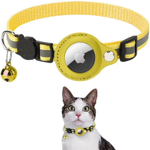 Yellow Reflective AirTag Pet Collar with a bell and black and gray accents, featuring an Apple logo, on a white background with a cat wearing the collar.
