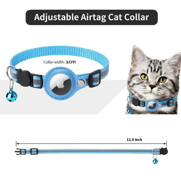 Blue adjustable Reflective AirTag Pet Collar with measurements and a cat wearing it on a white background