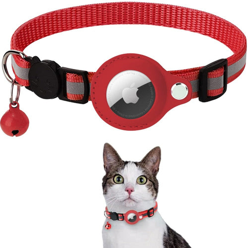 Red Reflective AirTag Pet Collar with a bell and reflective strip, worn by a cat on a white background
