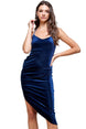 Velvet Bodycon Dress – Women’s Asymmetrical Elegant Outfit in navy blue, showcasing a chic, form-fitting style.