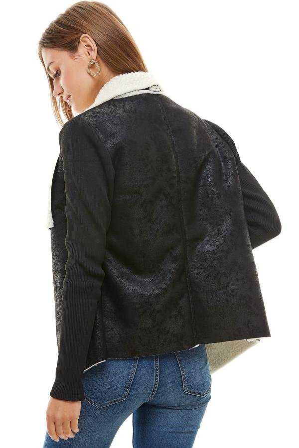 Back view of soft sherpa fabric and drape collar detail on women’s jacket.