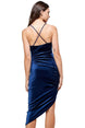 Back view of a woman wearing a Velvet Bodycon Dress – Women’s Asymmetrical Elegant Outfit in navy blue.