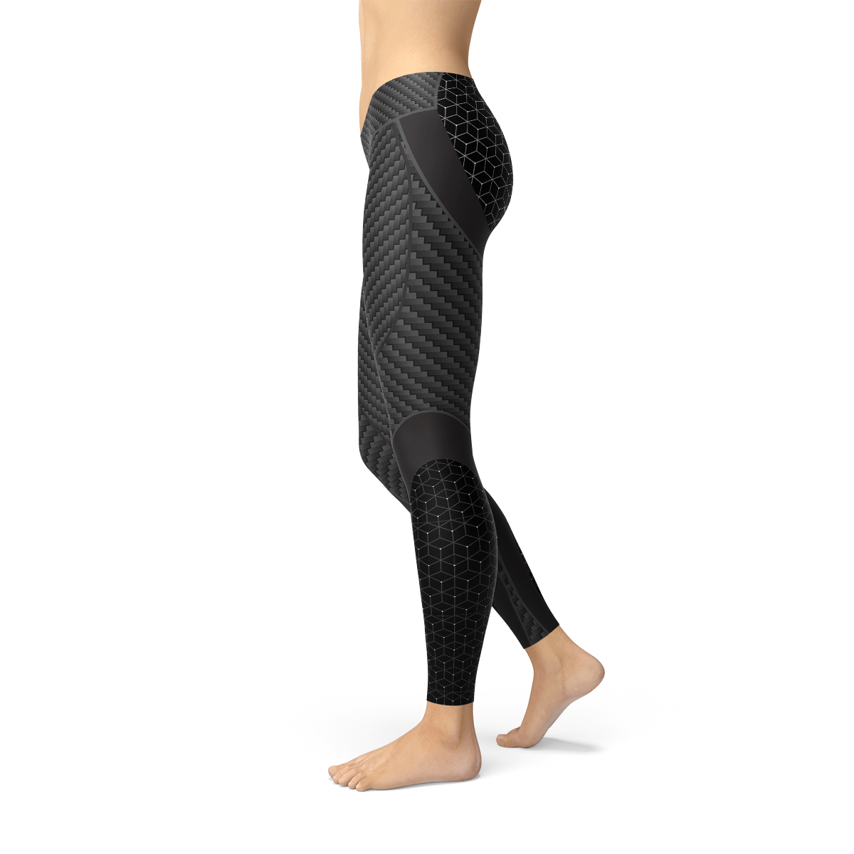 Women’s carbon fiber print leggings side angle fit view