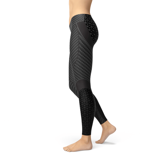 Women’s carbon fiber print leggings side angle fit view