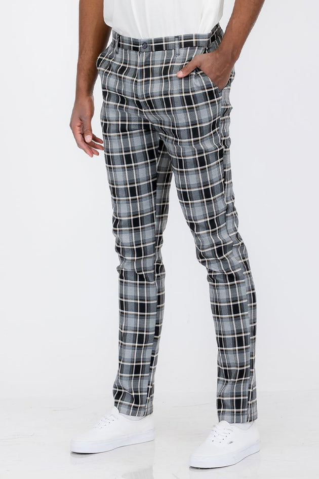 Men's plaid slim fit trousers featuring button fly closure and tailored fit