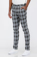 Men's plaid slim fit trousers featuring button fly closure and tailored fit