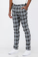 Men's plaid slim fit trousers featuring button fly closure and tailored fit