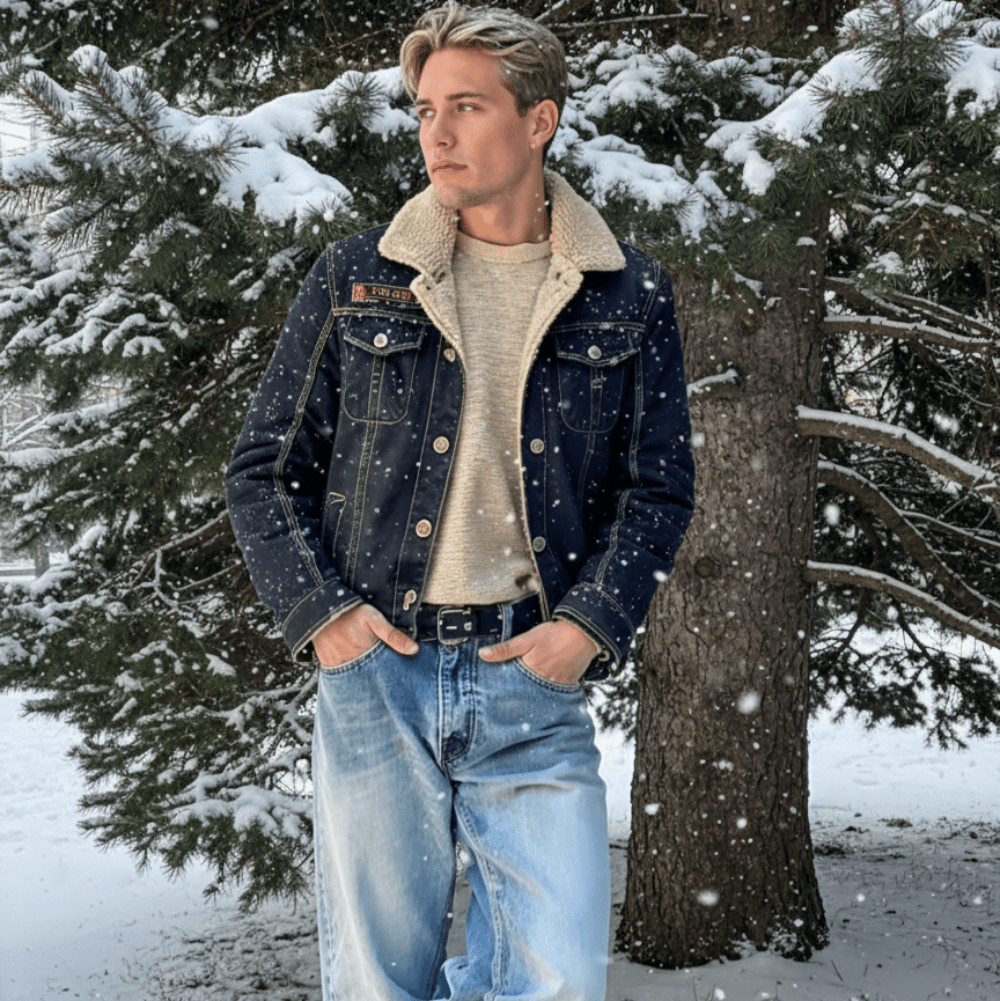 Person wearing a denim jacket with a fur - lined hood in a snowy forest setting