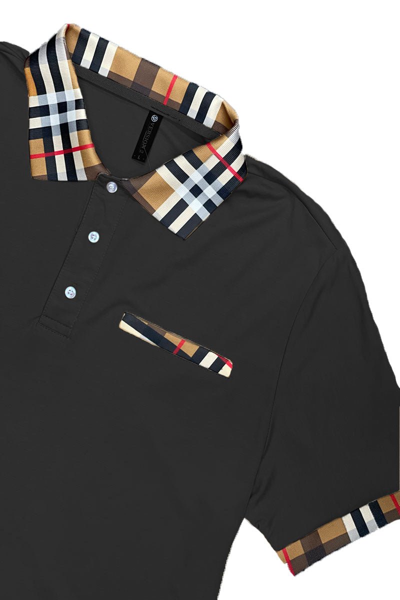 Black polo shirt with checkered collar and cuffs on a white background