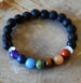 Chakra stretch bracelet featuring red jasper, aventurine, tiger’s eye, moss agate, sodalite, amethyst, quartz, and lava stones