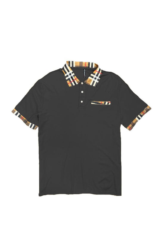 Black polo shirt with plaid collar and sleeve trim on a white background