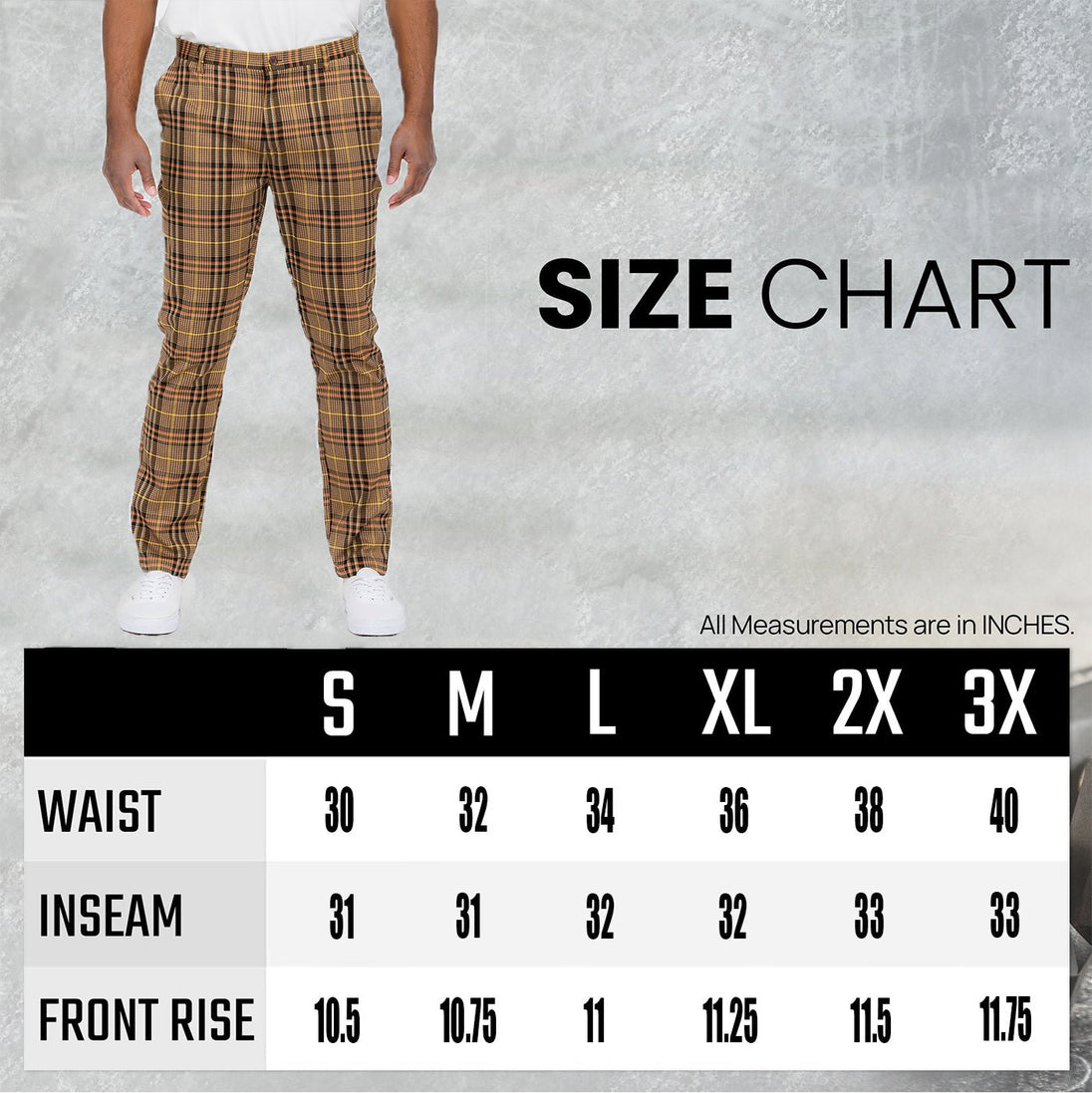 Men's plaid slim fit trousers size chart