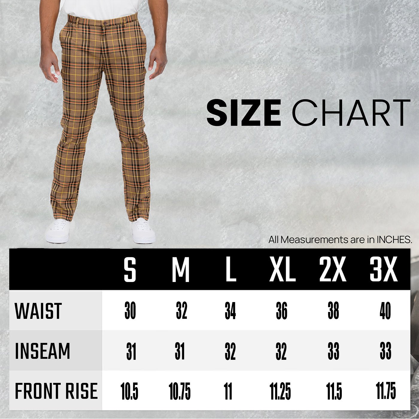 Men's plaid slim fit trousers size chart