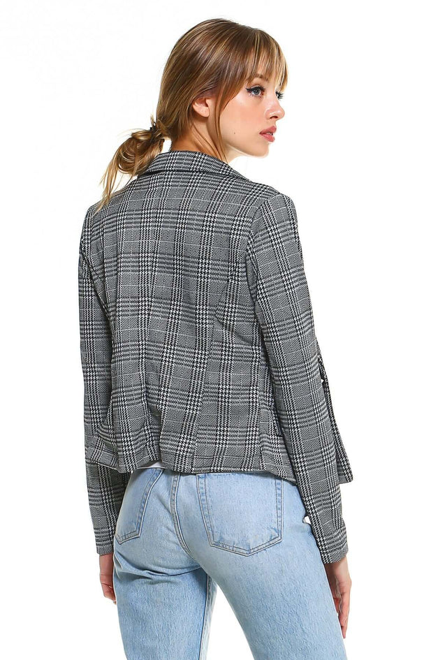 Women’s Plaid Blazer Classic Fitted Tailored Jacket back view on model, styled with denim jeans.