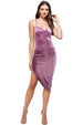 Velvet Bodycon Dress – Women’s Asymmetrical Elegant Outfit, showing a model wearing a chic velvet dress in purple.