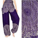 Purple mandala - patterned pants with a close - up of the pattern on a white background.