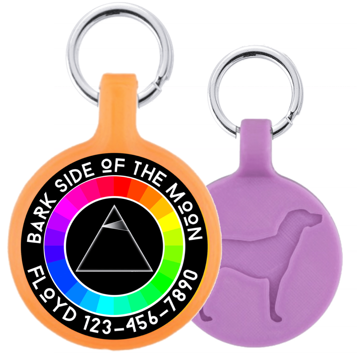 Eco - friendly dog name tag with Pink Floyd rainbow prism design on keyring