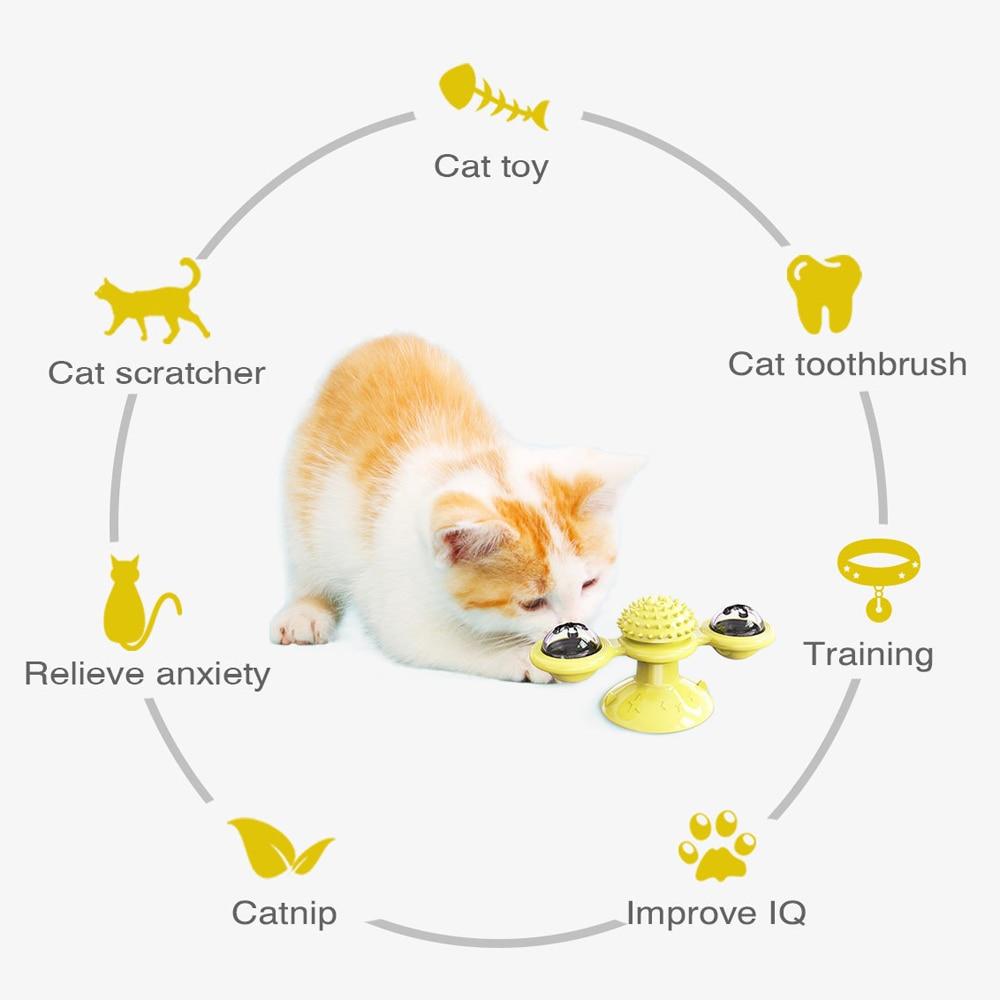 Cat playing with LED Whirling Cat Toy surrounded by icons and text describing various cat products and benefits.