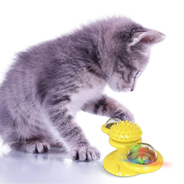 Cat playing with a yellow and rainbow-colored LED Whirling Cat Toy on a white background