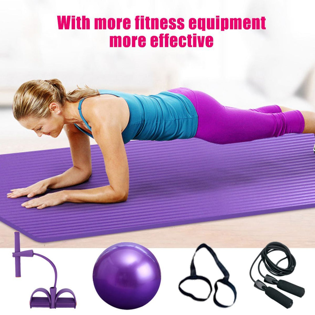 Deluxe Yoga Fitness 5 - piece home workout set with mat, Pilates ball, puller, jump rope, and carry bag