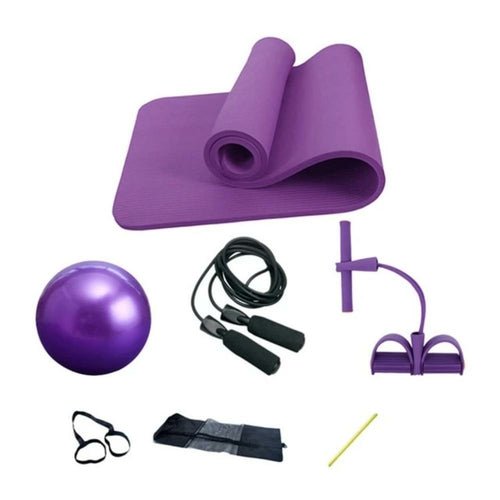 Yoga mat, resistance puller, Pilates ball, jump rope, and mesh bag set