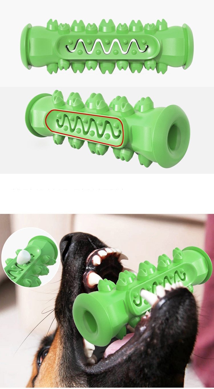 Green Rubber Dog Chew Toy with textured design and a close-up of a dog using it.