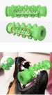 Green Rubber Dog Chew Toy with textured design and a close-up of a dog using it.