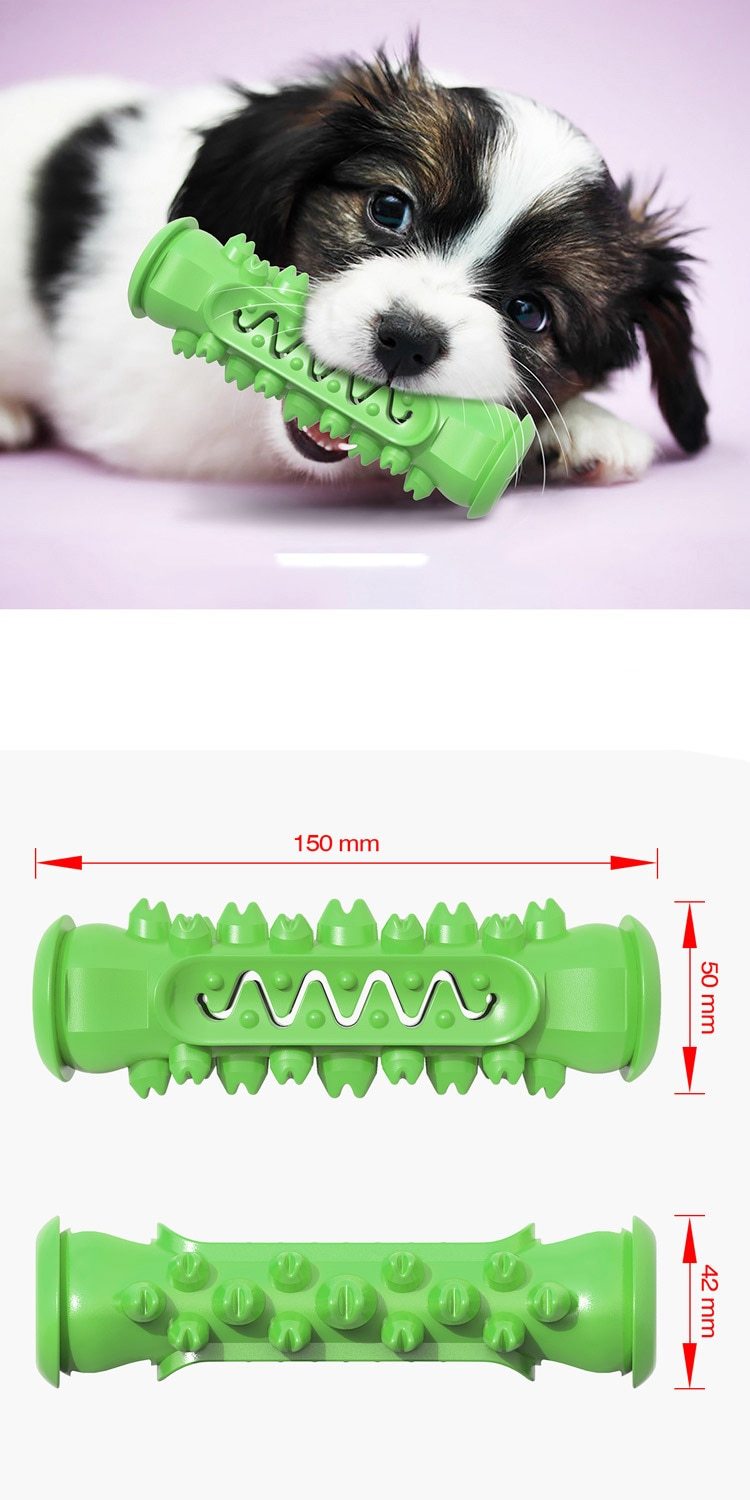 Dog playing with a green Rubber Dog Chew Toy, with measurements of the toy displayed below.