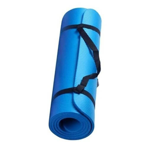 NBR Yoga Mat – Large Non-Slip Thickened Design rolled up, featuring blue color and straps for easy transport.