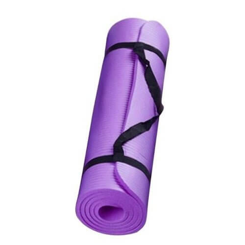 NBR Yoga Mat – Large Non-Slip Thickened Design, rolled up in purple with black straps for easy transport.