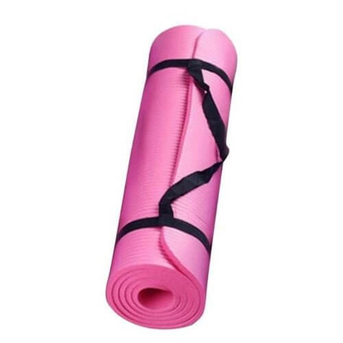 NBR Yoga Mat – Large Non-Slip Thickened Design rolled up with black straps for easy carrying.