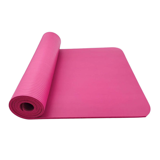NBR Yoga Mat – Large Non-Slip Thickened Design in vibrant pink color, rolled up and ready for use.