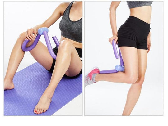 Two people using a purple exercise device on a white background