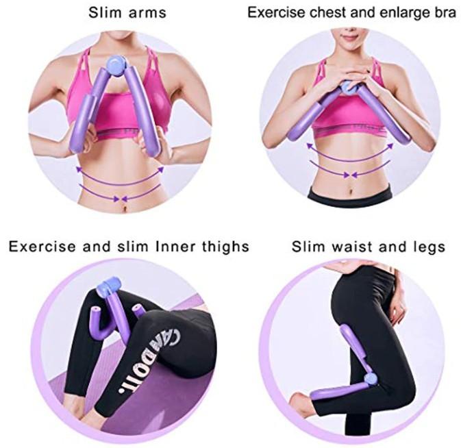 Fitness tool being used to exercise various parts of the body with labeled benefits.