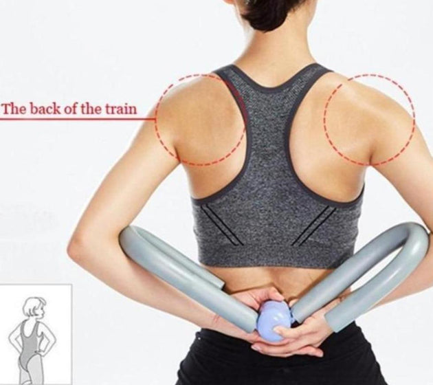 Person using a back stretcher with labeled areas on the back